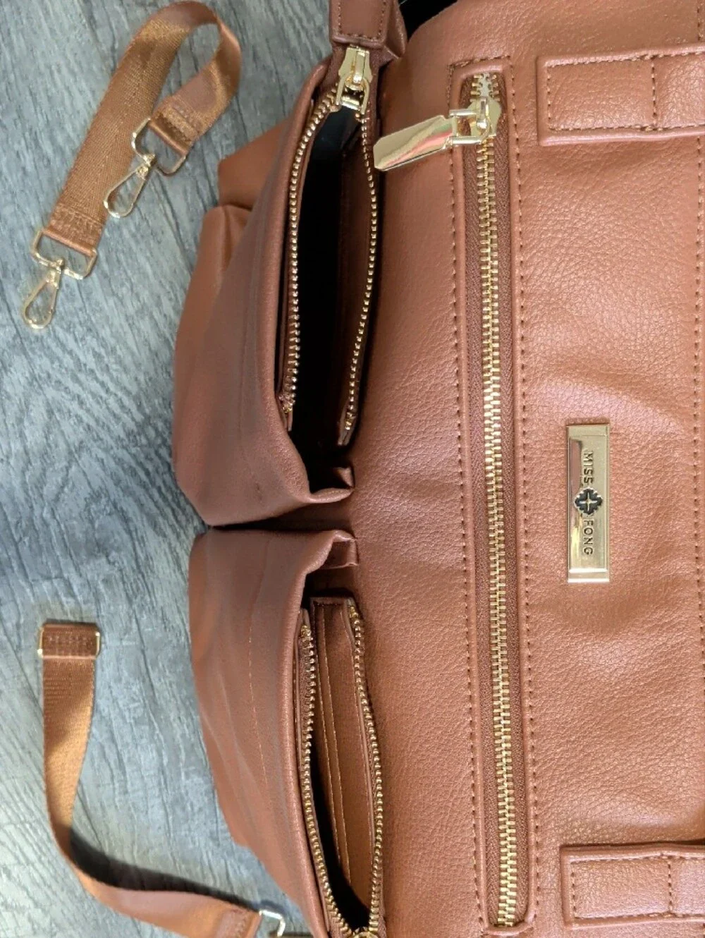 Tan Vegan Leather Baby Diaper Bag Tote Backpack with Multiple Front Pockets
